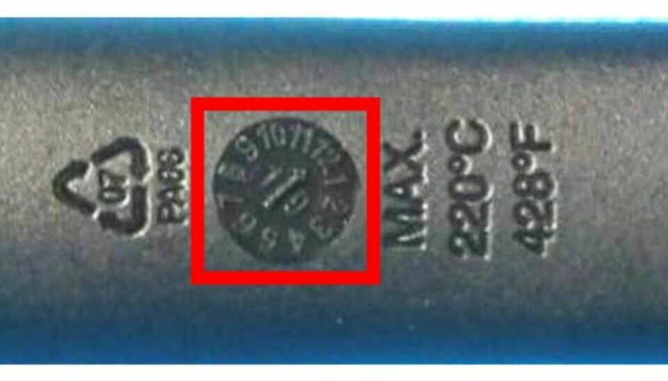 Hvis pilen peger mod 12 og numrene 1 og 9 er printet på hhv. venstre og højre side af pilen, så er skeen fra omtalte parti. Foto: Fiskars