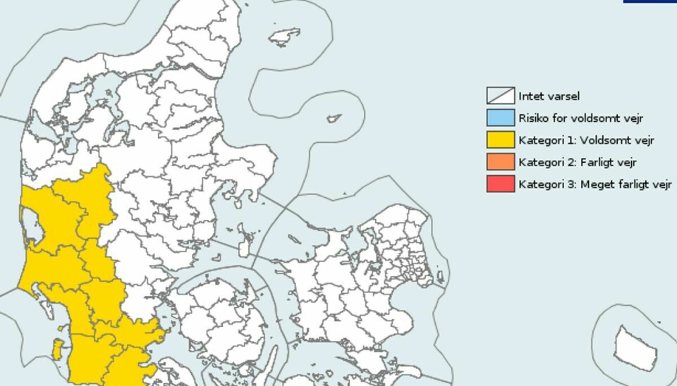 Her kan du se, hvor den regionale hedebølge kan risikere at ramme. Foto: DMI