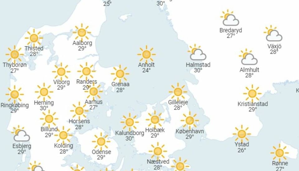 Forventede temperaturer klokken 15. Foto: DMI.