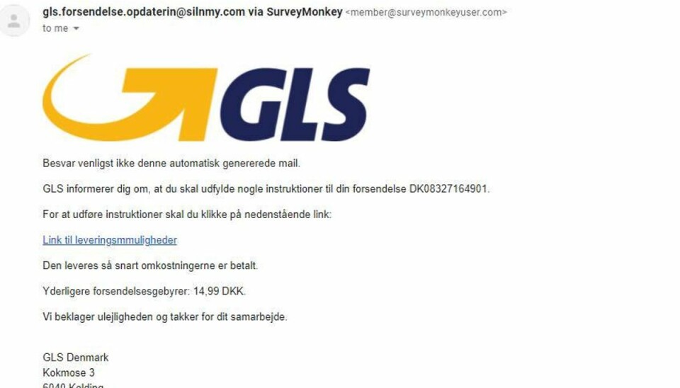 Sådan ser den falske email ud ifølge Heimdal Security.