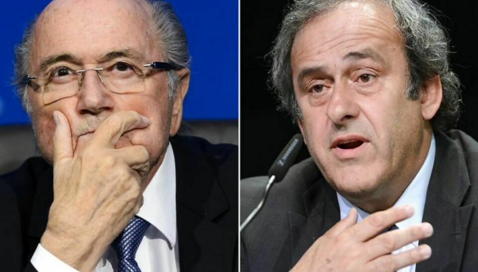 Både Michel Platini (th.) og Sepp Blatter (tv.) er blevet idømt otte-årige karantæner fra international fodbold. Foto: FABRICE COFFRINI/Scanpix