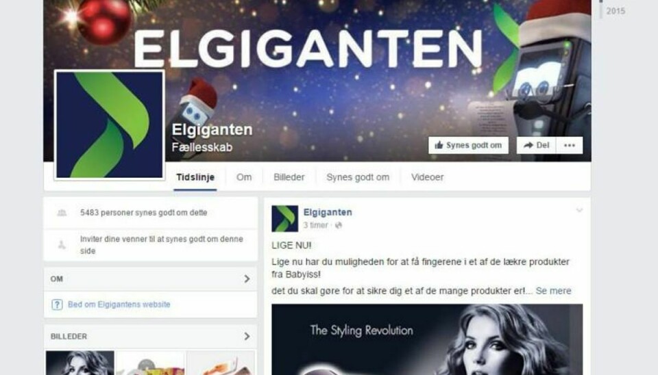 Sådan ser den falske Facebook-side ud, der udgiver sig for Elgiganten. Foto: Facebook. KLIK VIDERE I GALLERIET OG SE HVORDAN DE FORSØGER AT FUPPE DIG!