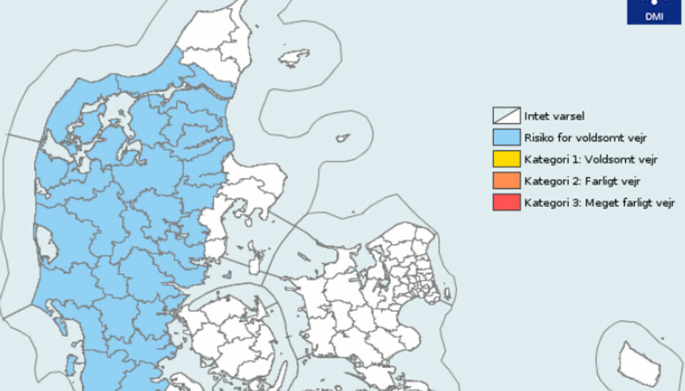De blå områder er omfattet af DMI's risikomelding