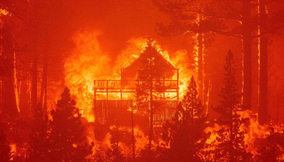 En voldsom skovbrand hærger løs. Her ædes et hus op af flammerne. En voldsom skovbrand hærger løs. Her ædes et hus op af flammerne.