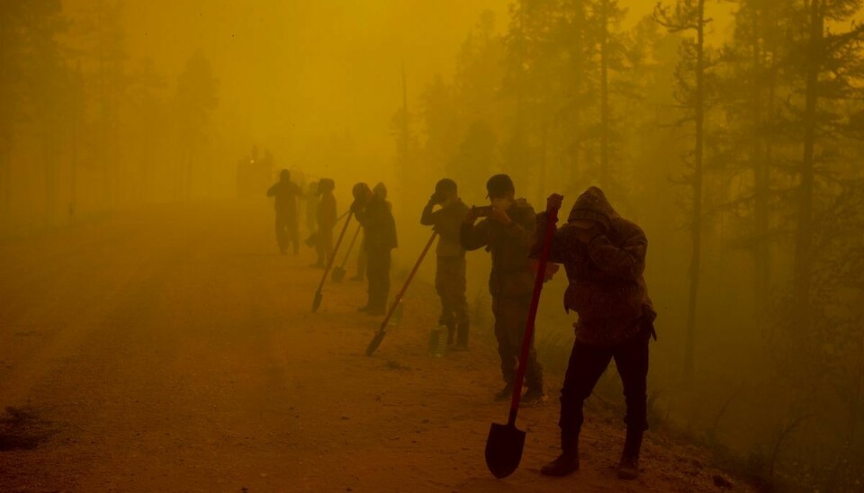Frivillige holder en pause i arbejdet med at etablere et brandbælte under en skovbrand ved landsbyen Kjujoreljak i den sibiriske republik Jakutien. Det er lige nu det område i Rusland, der er hårdest ramt af skovbrande.