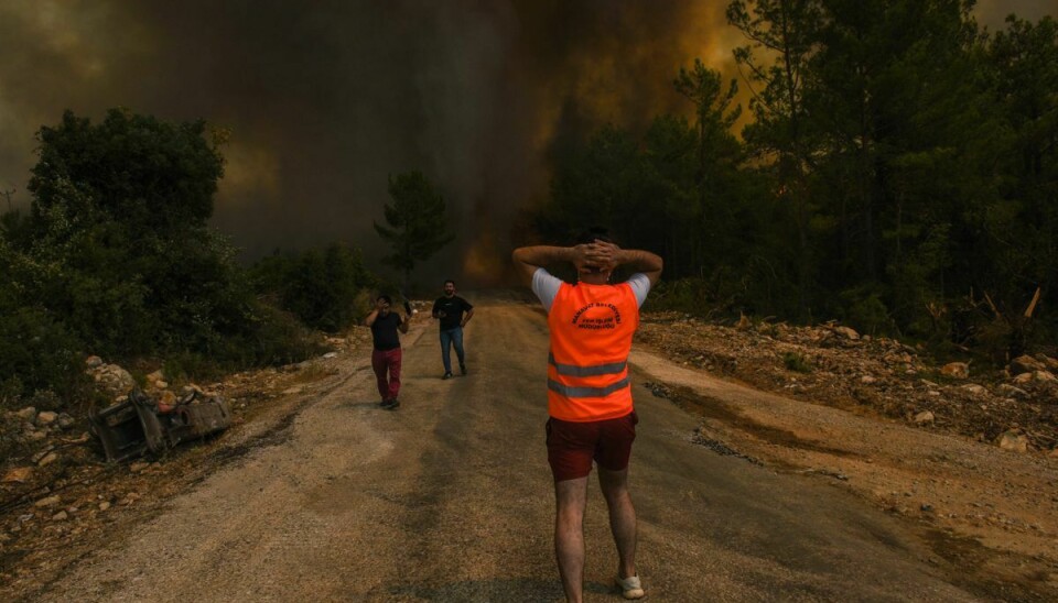Folk på vild flugt fra en skovbrand nær den tyrkiske landsby Sirtkoy øst for Antalya ved Tyrkiets sydlige middelhavskyst. To personer i området mistede søndag livet i branden.