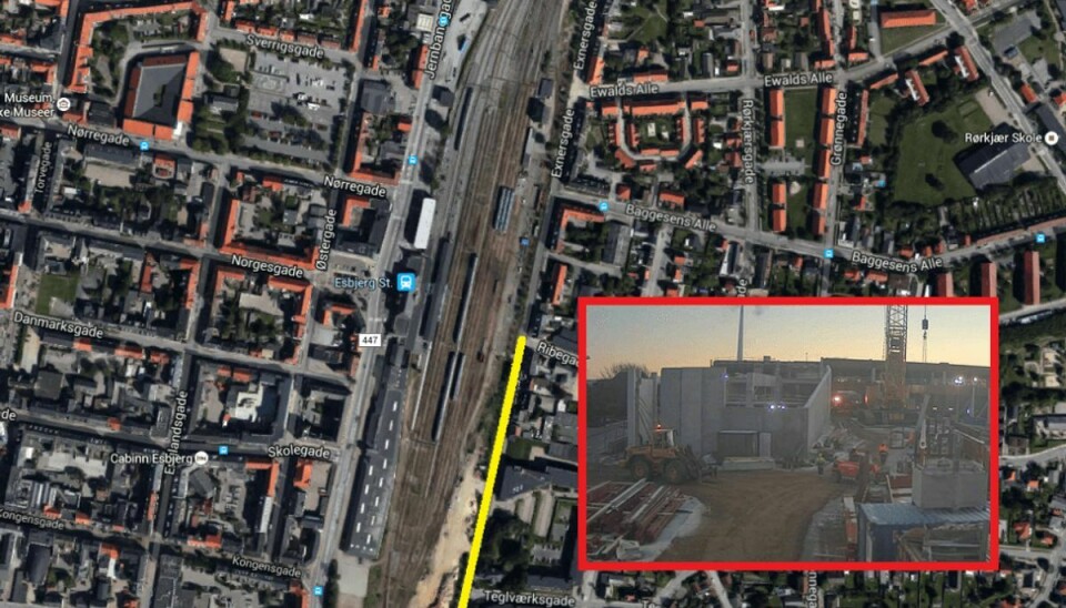 Det er denne del af Exnersgade i Esbjerg, der er spærret. Foto: Google Earth/broenshopping.dk.