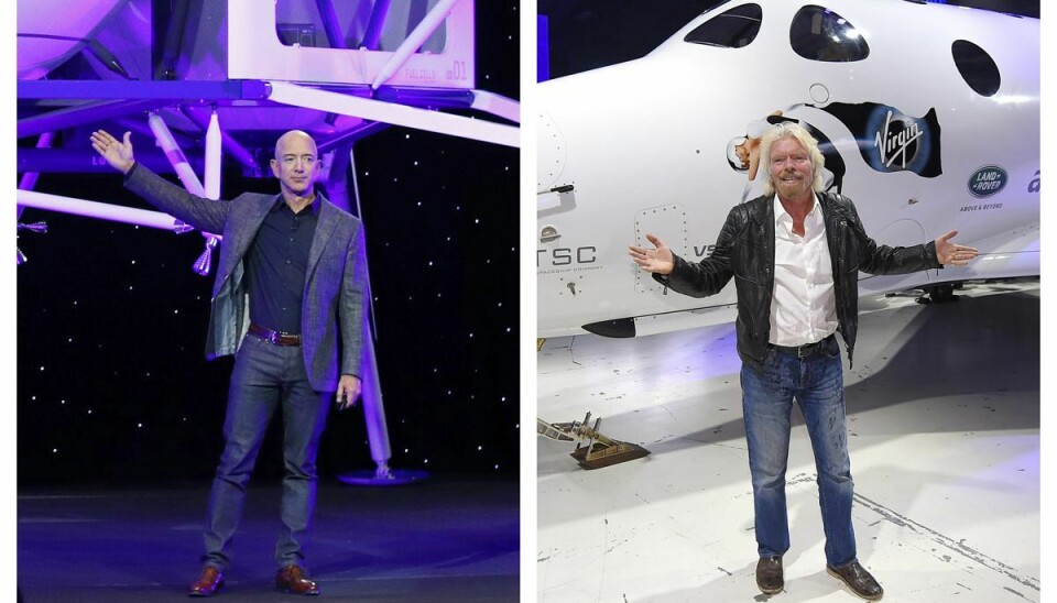 Amazon-stifter Jeff Bezos (til venstre) planlægger at tage på rumrejse 20. juli med blandt andre med sin bror. For milliardæren Richard Branson kan det ske ni dage inden. (Arkivfoto)
