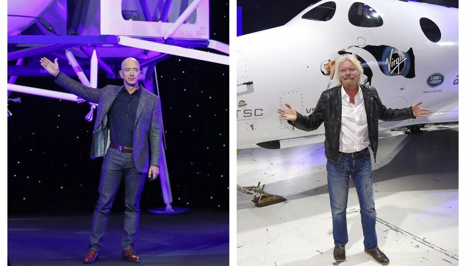 Amazon-stifter Jeff Bezos (til venstre) planlægger at tage på rumrejse 20. juli med blandt andre med sin bror. For milliardæren Richard Branson kan det ske ni dage inden. (Arkivfoto) Amazon-stifter Jeff Bezos (til venstre) planlægger at tage på rumrejse 20. juli med blandt andre med sin bror. For milliardæren Richard Branson kan det ske ni dage inden. (Arkivfoto)