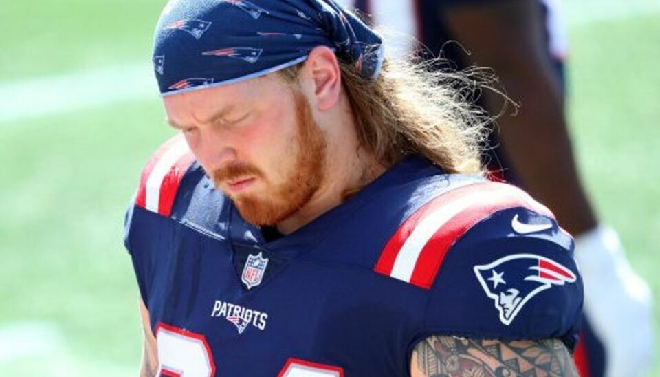 Historisk præstation af danske Hjalte Hjalte Froholdt blev draftet af Patriots sidste år. Søndag fik han endelig debut i verdens bedste liga for amerikansk fodbold. Foto: Maddie Meyer/AFP