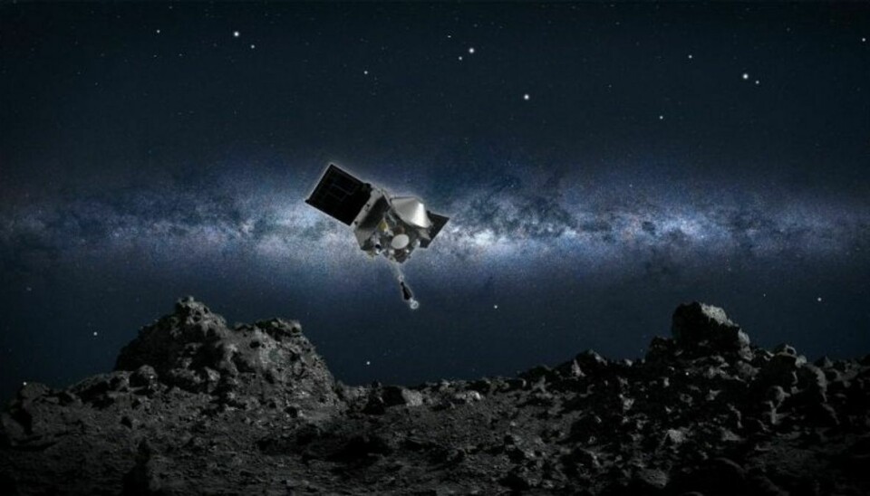 Sådan skulle det gerne se ud, når rumsonden OSIRIS-REx lander med et rumfartøj på asteroiden Bennu. – Foto: Illustration: NASA/Videnskab.dk