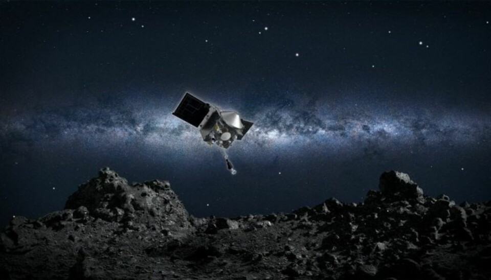 Vildt rumprojekt kulminerer nu Sådan skulle det gerne se ud, når rumsonden OSIRIS-REx lander med et rumfartøj på asteroiden Bennu. – Foto: Illustration: NASA/Videnskab.dk