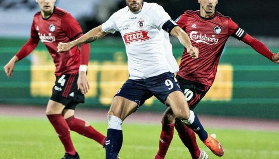 Dette skuffede ham særligt AGF-angriberen Patrick Mortensen ærgrede sig over nederlaget til FCK. Foto: Henning Bagger/Scanpix