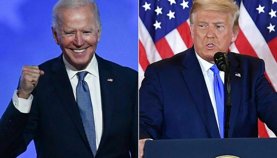 TOPSHOT – (COMBO) This combination of pictures createdAlt tyder på, at vindere af det ameqrikanske præsidentvalg bliver Joe Biden – men han er endnu ikke officielt udråbt som vinder. Arkivfoto: Scanpix.