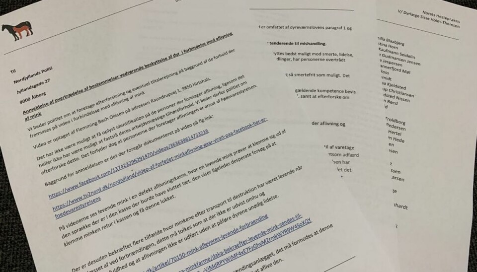 Det er denne anmeldelse de 78 dyrlæger har indgivet til Nordjyllands Politi. Foto: Newsbreak.dk. Det er denne anmeldelse de 78 dyrlæger har indgivet til Nordjyllands Politi. Foto: Newsbreak.dk.