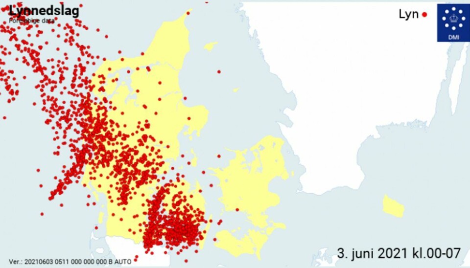 Det lynede mest i Midtjylland og på Sydfyn. Foto: Danmarks Meteorologiske Institut Det lynede mest i Midtjylland og på Sydfyn. Foto: Danmarks Meteorologiske Institut