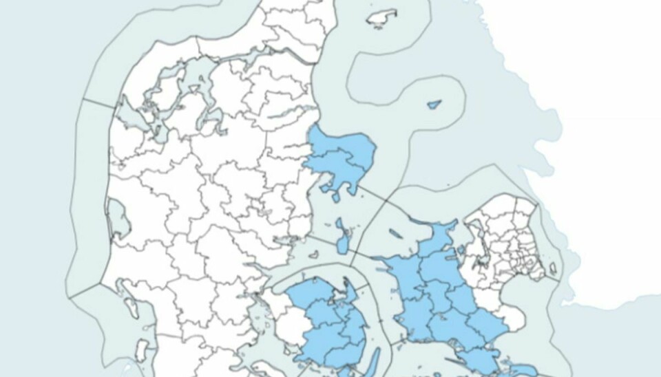 De områder, der er markeret med blå, er omfattet af meldingen. Foto: DMI.