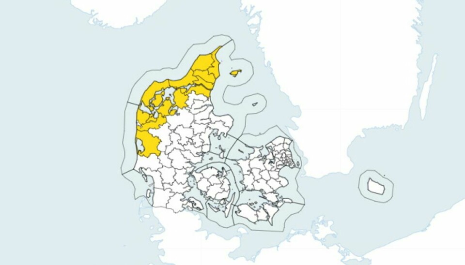Varslet er gældende i de områder, der er markeret med gult. Foto: DMI.