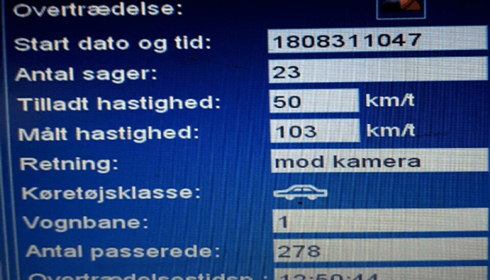 Vanvittig bilist hamrer gennem by med 103 i timen 103 i timen. I en byzone. Farvel kørekort. Foto: Politiet.