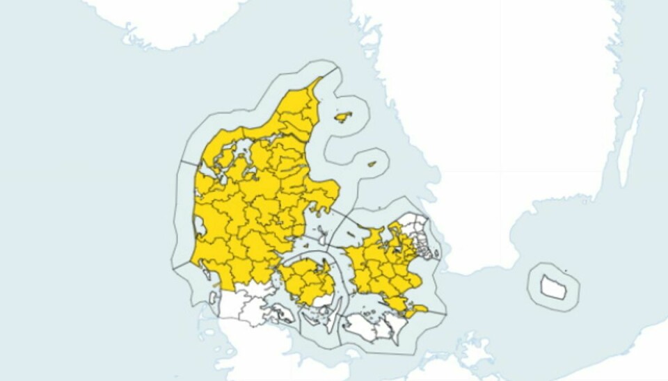 Varslet er gældende i de dele af landet, der er markeret med gult. Foto: DMI.