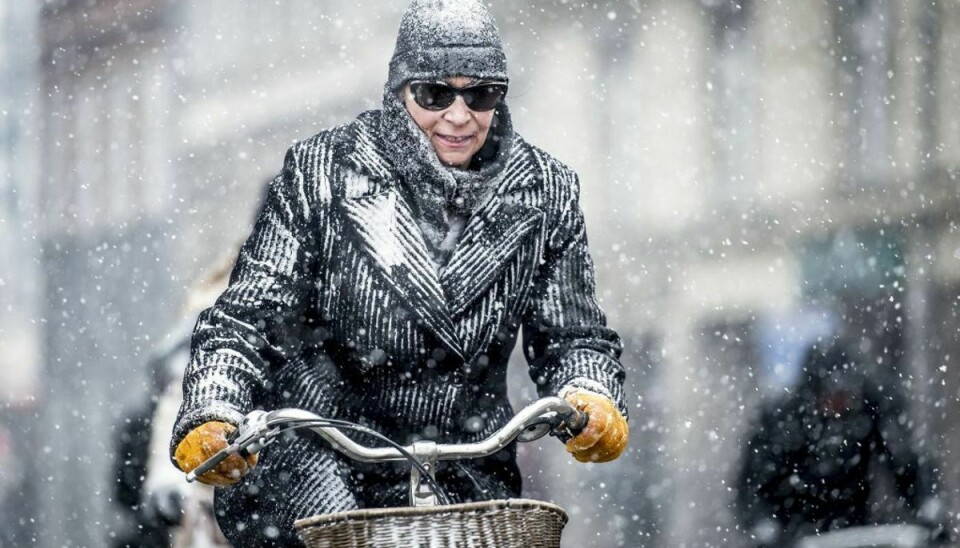 Cyklister cykler i snevejr i København, mandag den 5. marts 2018.. (Foto: Mads Claus Rasmussen/Scanpix 2018)