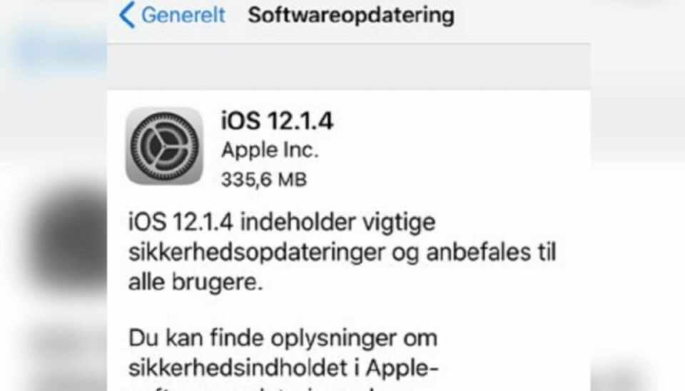 Det er denne opdatering, du skal have installeret, hvis du har en iPhone. Foto: Newsbreak.dk.