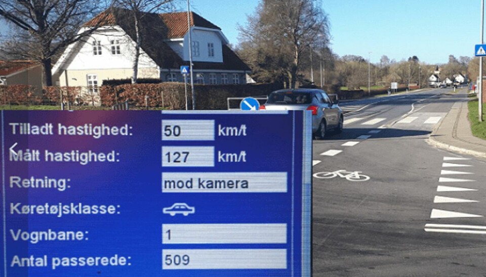 Vanvid: 127 km/t gennem byen over fodgængerfelt Sådan ser det ud, når en vanvidsbilist brager gennem en by med 127 i timen. Foto: Syd- og Snderjyllands Politi.