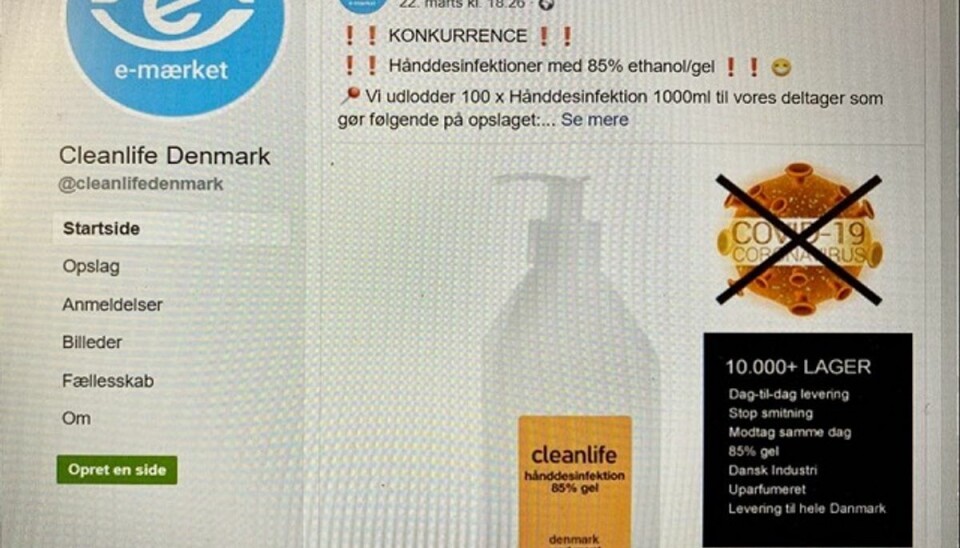 Sådan ser den falske side på Facebook ud. Læg mærke til, hvordan e-mærkets logo er brugt. KLIK videre og se, hvordan svindlerne forsøger at snyde under coronakrisen. Foto: Screenshot. Sådan ser den falske side på Facebook ud. Læg mærke til, hvordan e-mærkets logo er brugt. KLIK videre og se, hvordan svindlerne forsøger at snyde under coronakrisen. Foto: Screenshot.