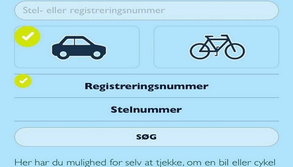 Her kan du tjekke, om bilen eller cyklen er stjålet. Foto: Screenshot.