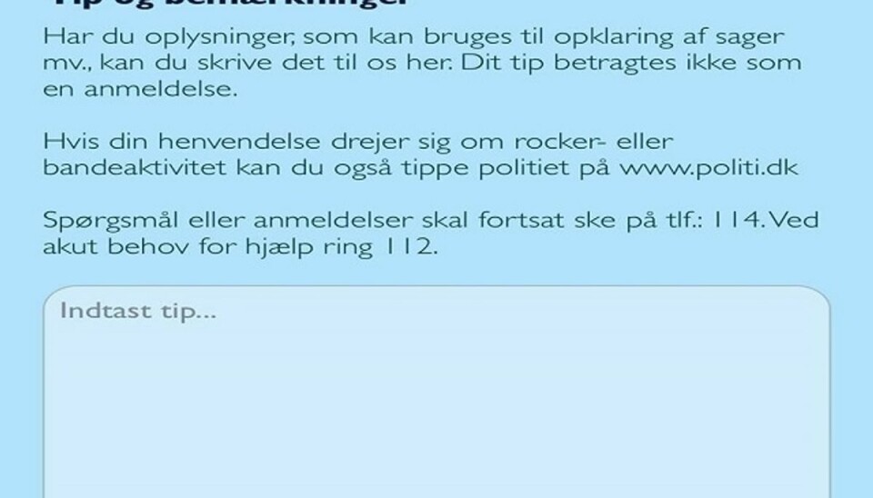 Har du et tip til politiet, så er det også her. Foto: Screenshot. Har du et tip til politiet, så er det også her. Foto: Screenshot.