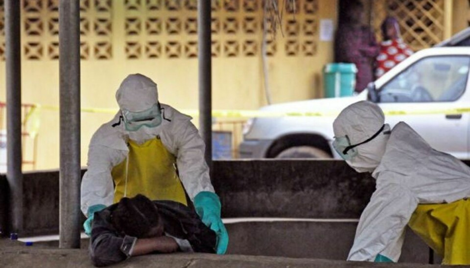Sundhedspersonale flytter liget af en kollega, der blev fundet død. Personalet regner med, at det er ebola, der er skyld i kollegaens dødsfald på et af de største hospitaler i Liberias hovedstad, Monrovia. Foto: Abbas Dulleh/AP