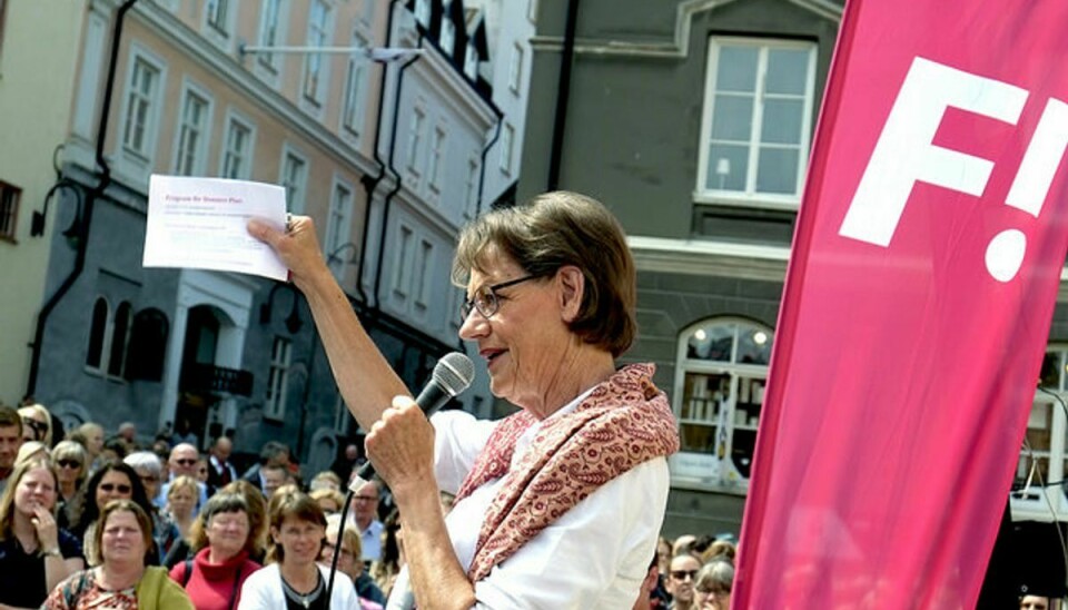 I de seneste opinionsundersøgelser har Feministisk Initiativ, med partileder Gudrun Schyman, ligget til mellem to og tre procent af stemmerne. Foto: News Øresund – Johan Wessman.