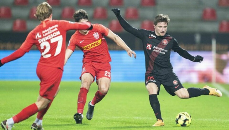 Anders Dreyer (til højre) scorede kampens første mål, da FC Midtjylland mandag besejrede FC Nordsjælland. – Foto: Claus Fisker/Ritzau Scanpix