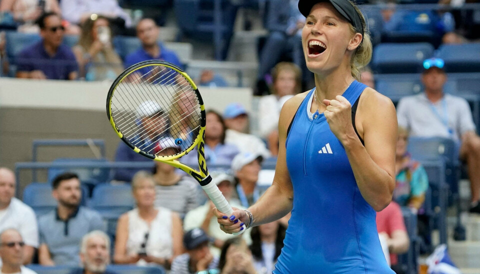 Caroline Wozniacki jubler efter sin tredje sejr i US Open. Caroline Wozniacki jubler efter sin tredje sejr i US Open.